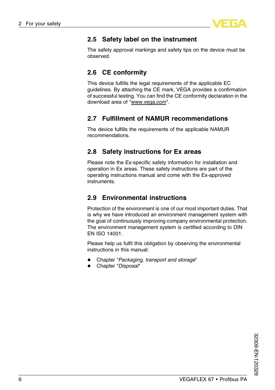 5 safety label on the instrument, 6 ce conformity, 7 fulfillment of namur recommendations | 8 safety instructions for ex areas | VEGA VEGAFLEX 67 (-20…+250°C) Profibus PA User Manual | Page 6 / 64