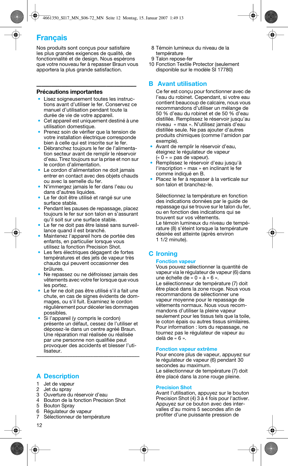 Français, A description, B avant utilisation | C ironing | Braun SI 710 17610 PROSTYLE CONTROL User Manual | Page 12 / 70