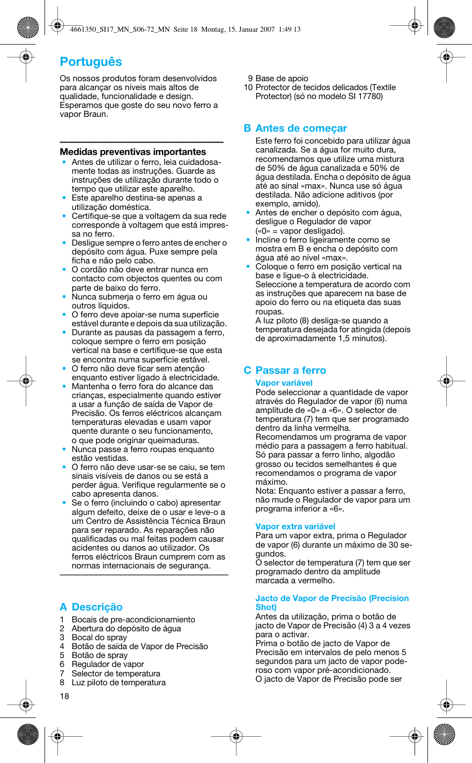 Português, A descrição, B antes de começar | C passar a ferro | Braun SI 710 17610 PROSTYLE CONTROL User Manual | Page 18 / 70