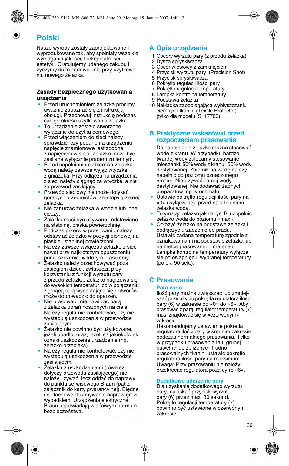 Polski, A opis urzàdzenia, C prasowanie | Braun SI 710 17610 PROSTYLE CONTROL User Manual | Page 39 / 70