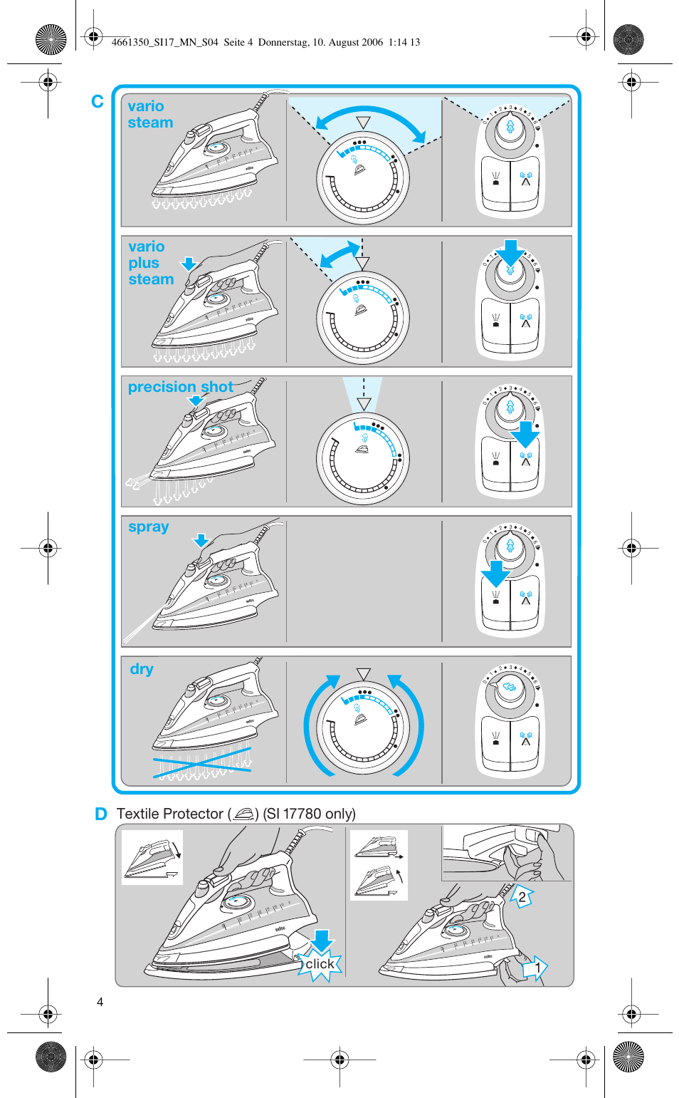 Vario steam vario plus steam spray dry, Precision shot, Click | Braun SI 710 17610 PROSTYLE CONTROL User Manual | Page 4 / 70