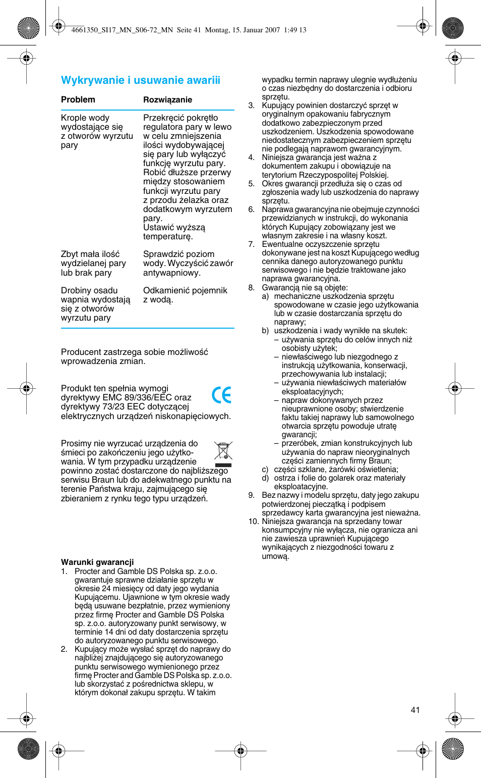 Wykrywanie i usuwanie awariii | Braun SI 710 17610 PROSTYLE CONTROL User Manual | Page 41 / 70