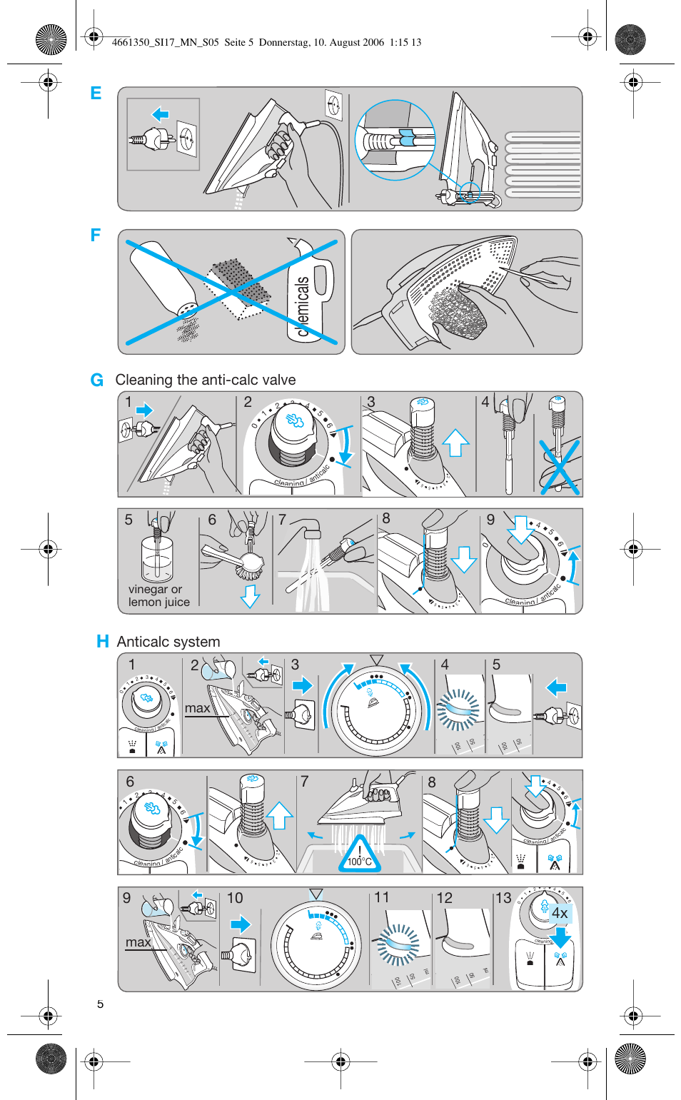 Chemicals, Vinegar or lemon juice | Braun SI 710 17610 PROSTYLE CONTROL User Manual | Page 5 / 70