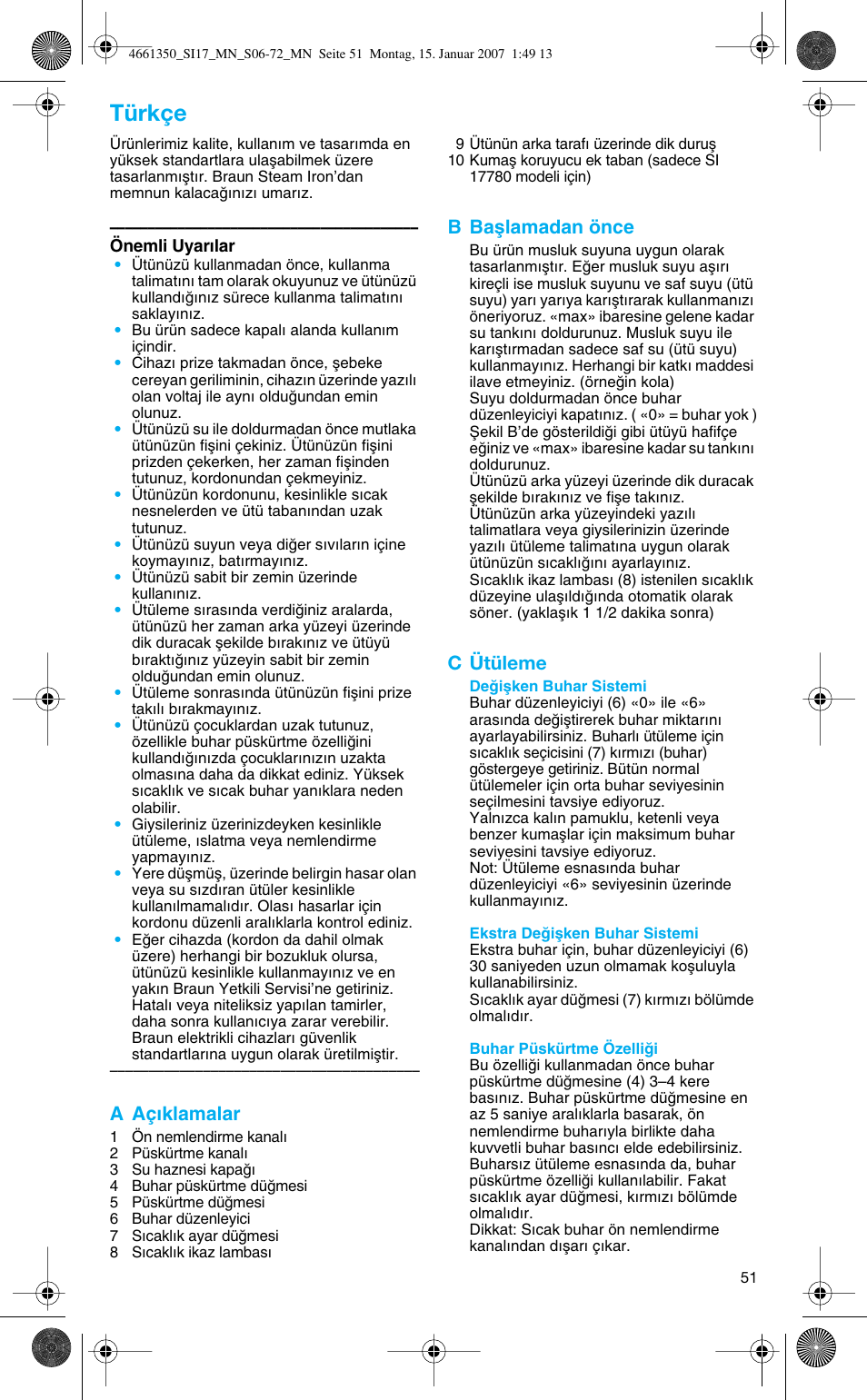 Türkçe, A açıklamalar, B baµlamadan önce | C ütüleme | Braun SI 710 17610 PROSTYLE CONTROL User Manual | Page 51 / 70