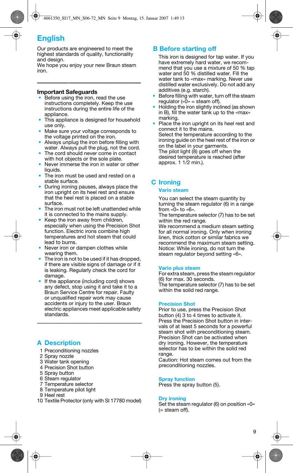 English, A description, B before starting off | C ironing | Braun SI 710 17610 PROSTYLE CONTROL User Manual | Page 9 / 70