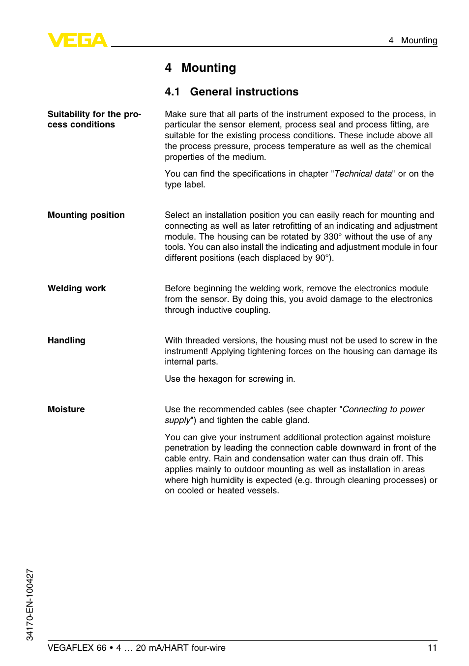 4 mounting, 1 general instructions, 4mounting | VEGA VEGAFLEX 66 (-20…+250°C) 4 … 20 mA_HART four-wire User Manual | Page 11 / 56