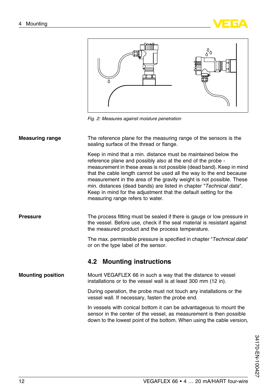 2 mounting instructions | VEGA VEGAFLEX 66 (-20…+250°C) 4 … 20 mA_HART four-wire User Manual | Page 12 / 56