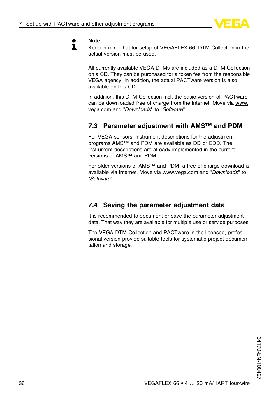 3 parameter adjustment with ams™ and pdm, 4 saving the parameter adjustment data | VEGA VEGAFLEX 66 (-20…+250°C) 4 … 20 mA_HART four-wire User Manual | Page 36 / 56
