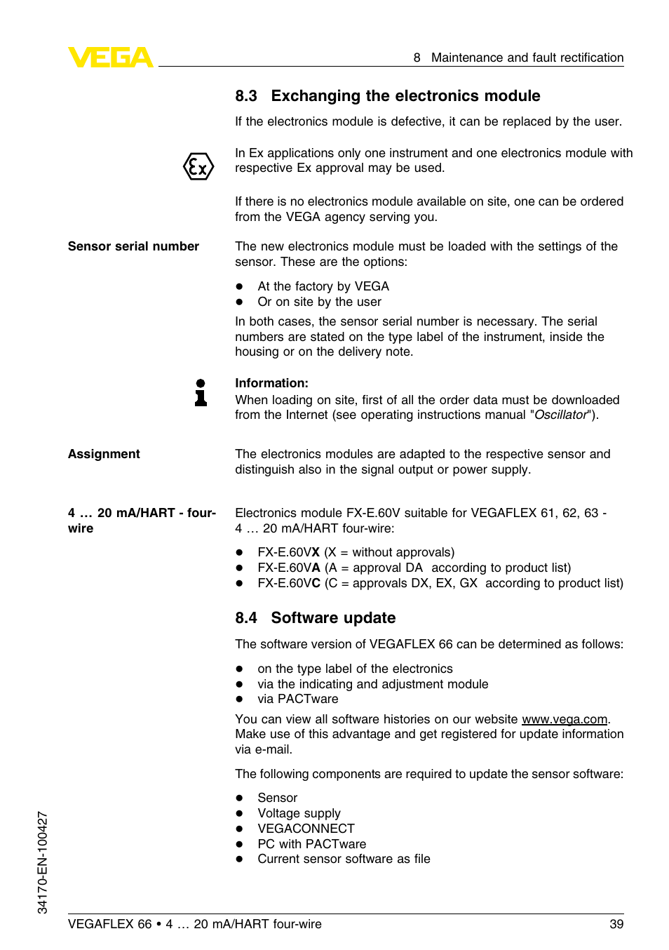 3 exchanging the electronics module, 4 software update | VEGA VEGAFLEX 66 (-20…+250°C) 4 … 20 mA_HART four-wire User Manual | Page 39 / 56