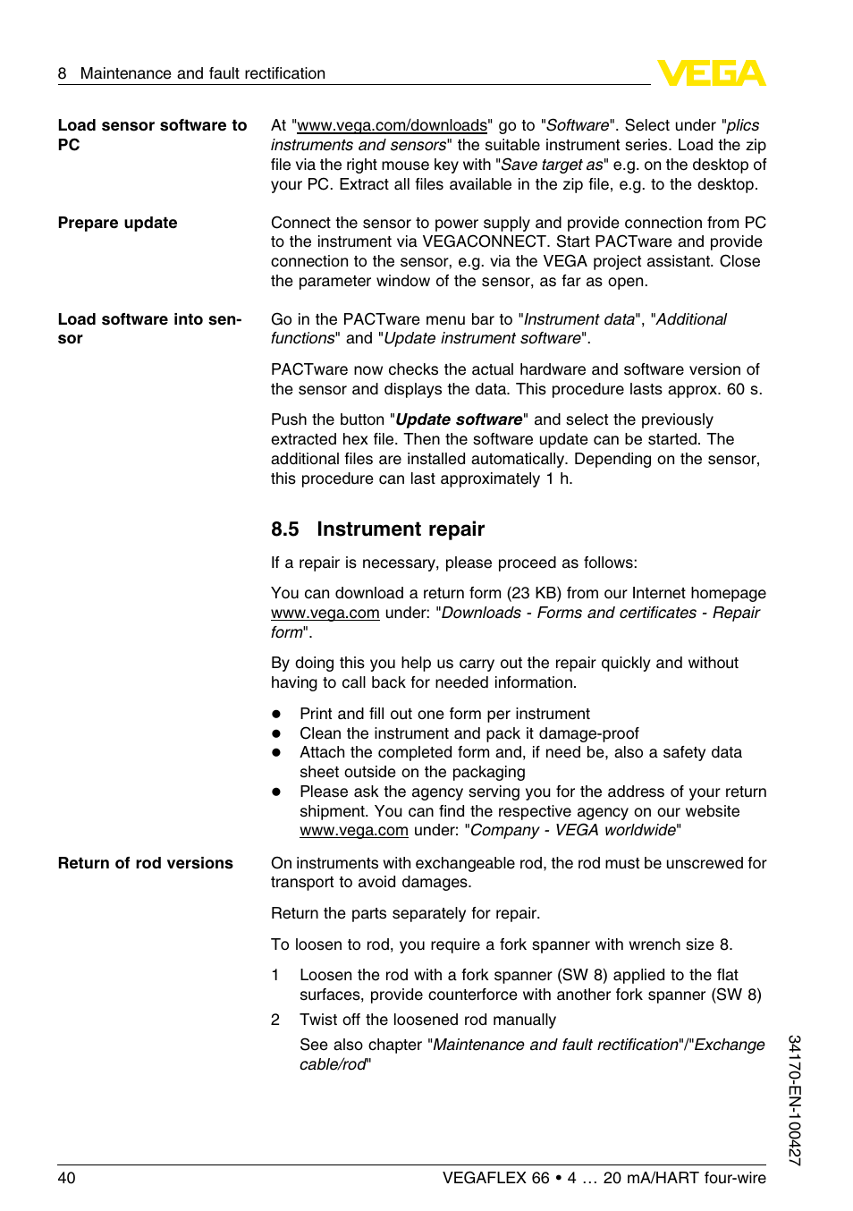 5 instrument repair | VEGA VEGAFLEX 66 (-20…+250°C) 4 … 20 mA_HART four-wire User Manual | Page 40 / 56