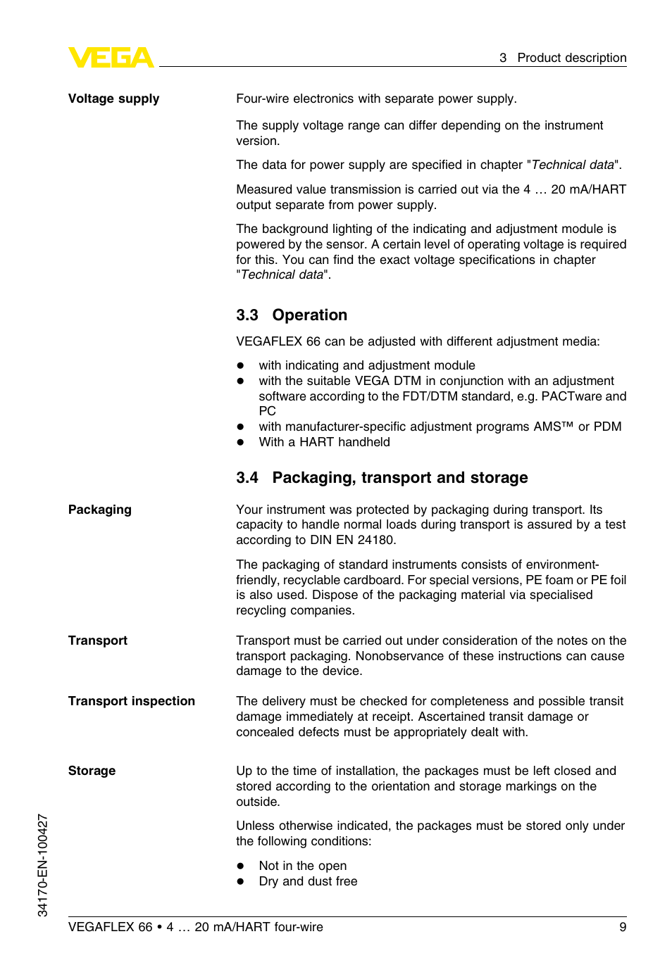 3 operation, 4 packaging, transport and storage | VEGA VEGAFLEX 66 (-20…+250°C) 4 … 20 mA_HART four-wire User Manual | Page 9 / 56