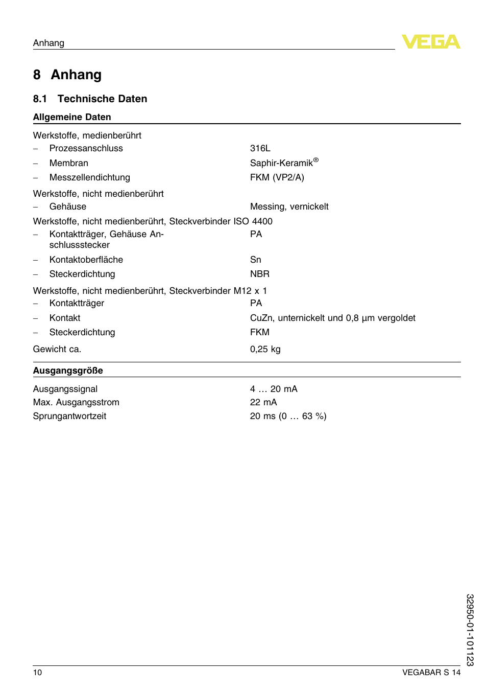 8 anhang, 1 technische daten, 8 a nhang | VEGA VEGABAR S 14 User Manual | Page 10 / 52