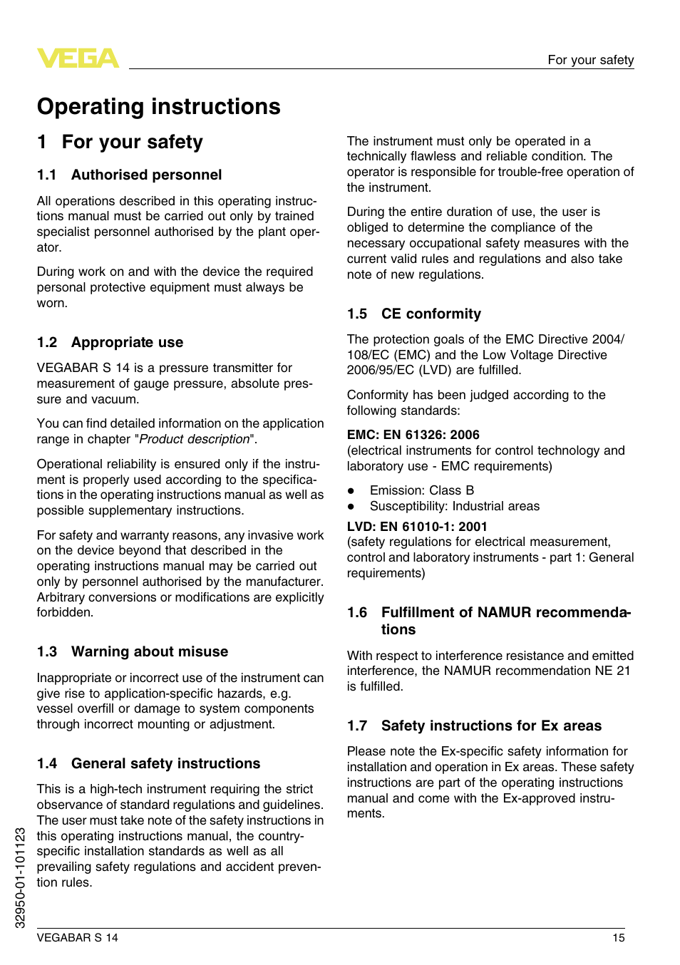 1 for your safety, 1 authorised personnel, 2 appropriate use | 3 warning about misuse, 4 general safety instructions, 5 ce conformity, 6 fulfillment of namur recommendations, 7 safety instructions for ex areas, Operating instructions, 1 f or your safety | VEGA VEGABAR S 14 User Manual | Page 15 / 52