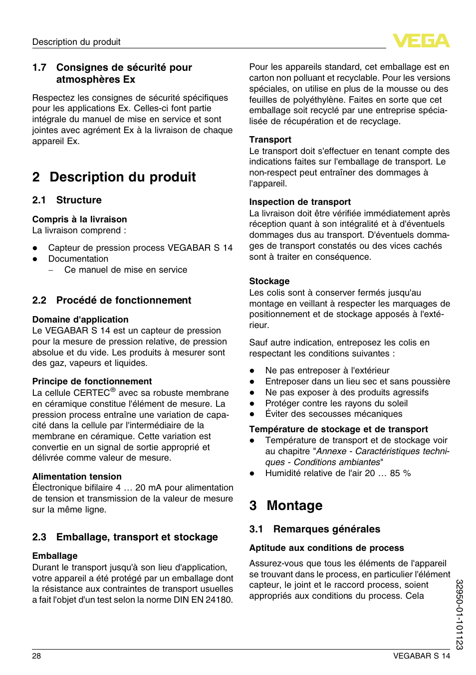 7 consignes de sécurité pour atmosphères ex, 2 description du produit, 1 structure | 2 procédé de fonctionnement, 3 emballage, transport et stockage, 3 montage, 1 remarques générales, 2 d escription du produit, 3 m ontage | VEGA VEGABAR S 14 User Manual | Page 28 / 52