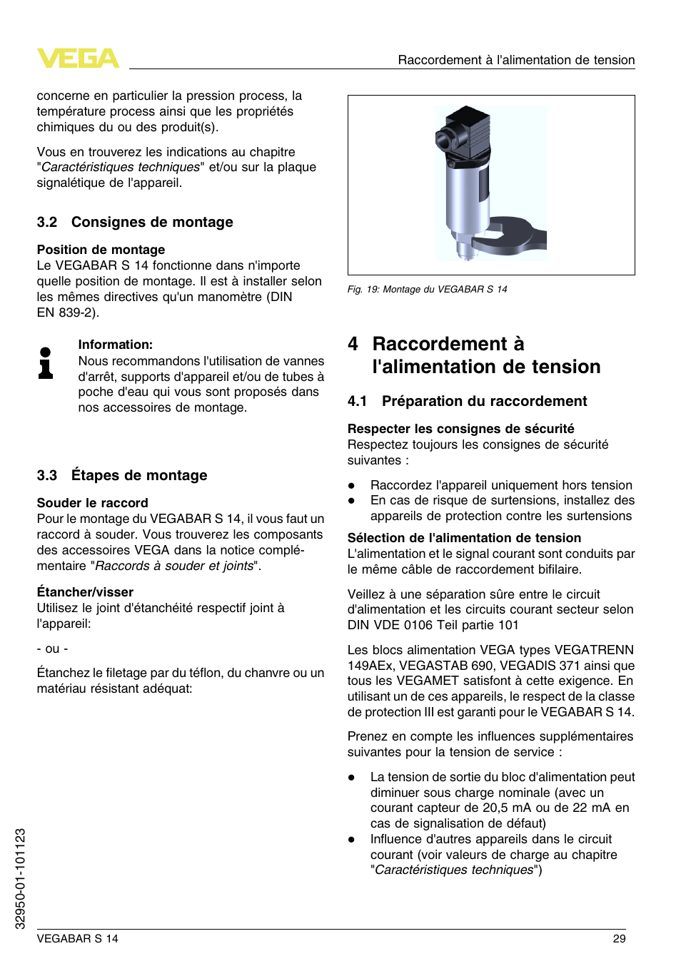 2 consignes de montage, 3 étapes de montage, 4 raccordement à l'alimentation de tension | 1 préparation du raccordement, 4 r accordement à l'alimentation de tension | VEGA VEGABAR S 14 User Manual | Page 29 / 52