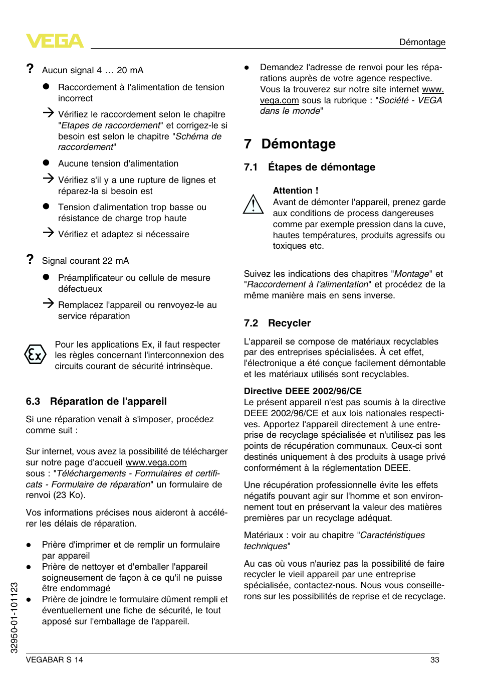 3 réparation de l'appareil, 7 démontage, 1 étapes de démontage | 2 recycler, 7 d émontage | VEGA VEGABAR S 14 User Manual | Page 33 / 52