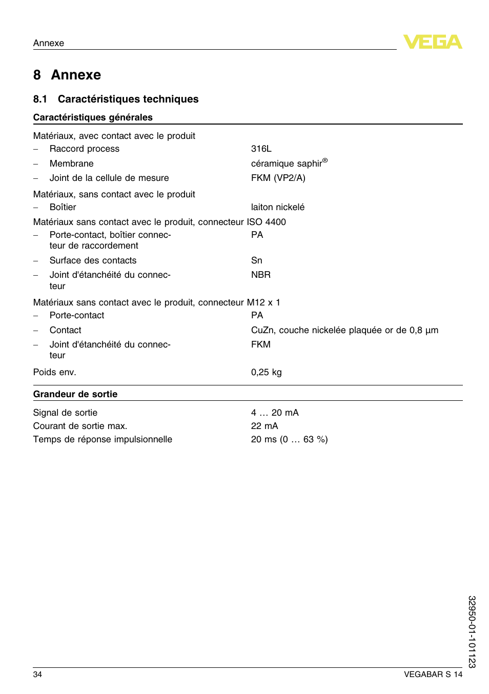 8 annexe, 1 caractéristiques techniques, 8 a nnexe | VEGA VEGABAR S 14 User Manual | Page 34 / 52