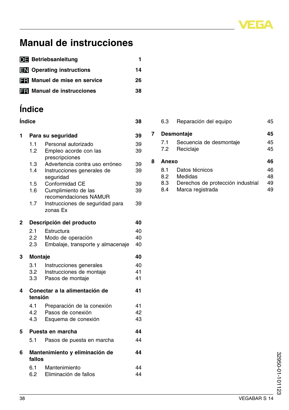 Índice, Manual de instrucciones | VEGA VEGABAR S 14 User Manual | Page 38 / 52