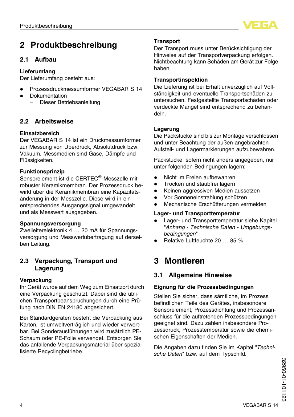 2 produktbeschreibung, 1 aufbau, 2 arbeitsweise | 3 verpackung, transport und lagerung, 3 montieren, 1 allgemeine hinweise, 2 p roduktbeschreibung, 3 m ontieren | VEGA VEGABAR S 14 User Manual | Page 4 / 52