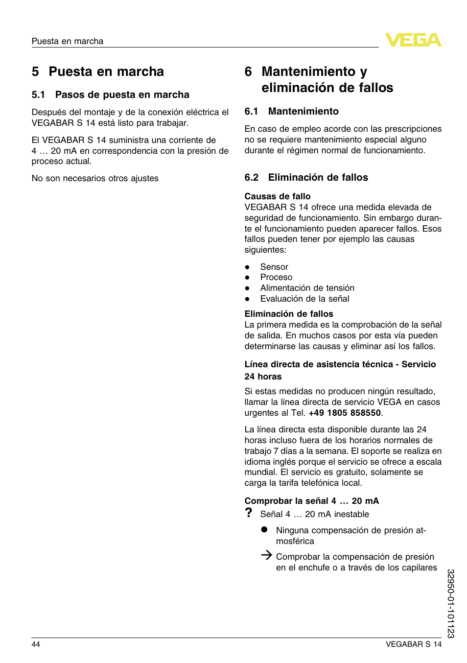 5 puesta en marcha, 1 pasos de puesta en marcha, 6 mantenimiento y eliminación de fallos | 1 mantenimiento, 2 eliminación de fallos, 5 p uesta en marcha, 6 m antenimiento y eliminación de fallos | VEGA VEGABAR S 14 User Manual | Page 44 / 52