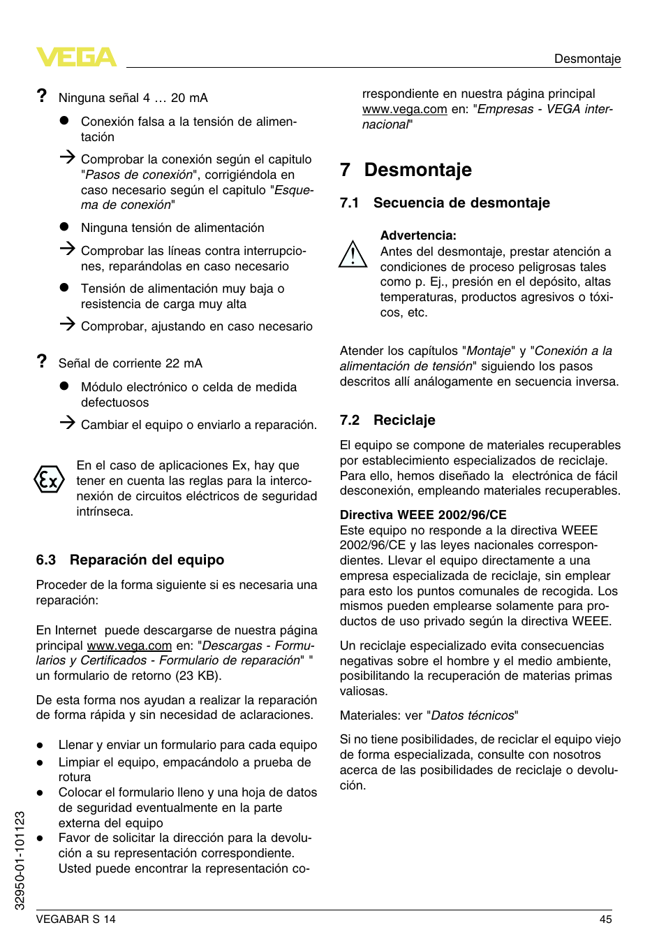 3 reparación del equipo, 7 desmontaje, 1 secuencia de desmontaje | 2 reciclaje, 7 d esmontaje | VEGA VEGABAR S 14 User Manual | Page 45 / 52