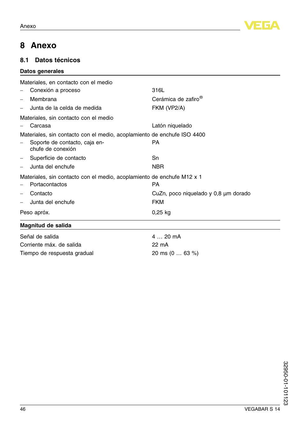 8 anexo, 1 datos técnicos, 8 a nexo | VEGA VEGABAR S 14 User Manual | Page 46 / 52