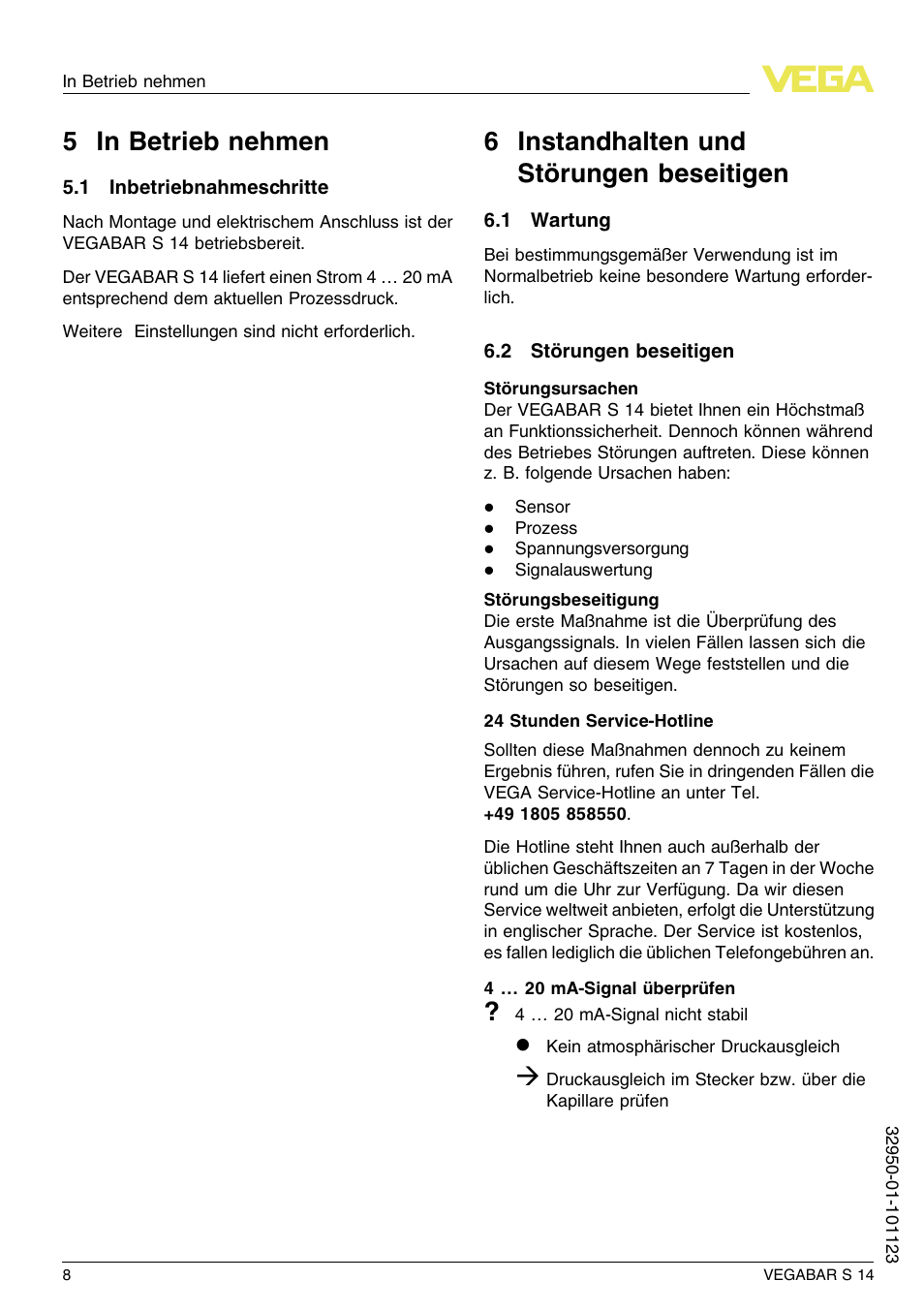 5 in betrieb nehmen, 1 inbetriebnahmeschritte, 6 instandhalten und störungen beseitigen | 1 wartung, 2 störungen beseitigen, 5 i n betrieb nehmen, 6 i nstandhalten und störungen beseitigen | VEGA VEGABAR S 14 User Manual | Page 8 / 52
