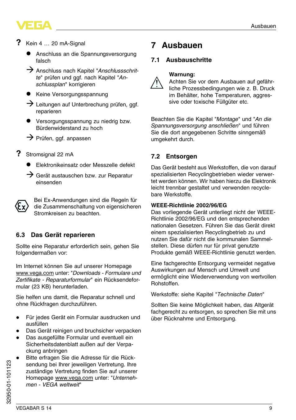 3 das gerät reparieren, 7 ausbauen, 1 ausbauschritte | 2 entsorgen, 7 a usbauen | VEGA VEGABAR S 14 User Manual | Page 9 / 52