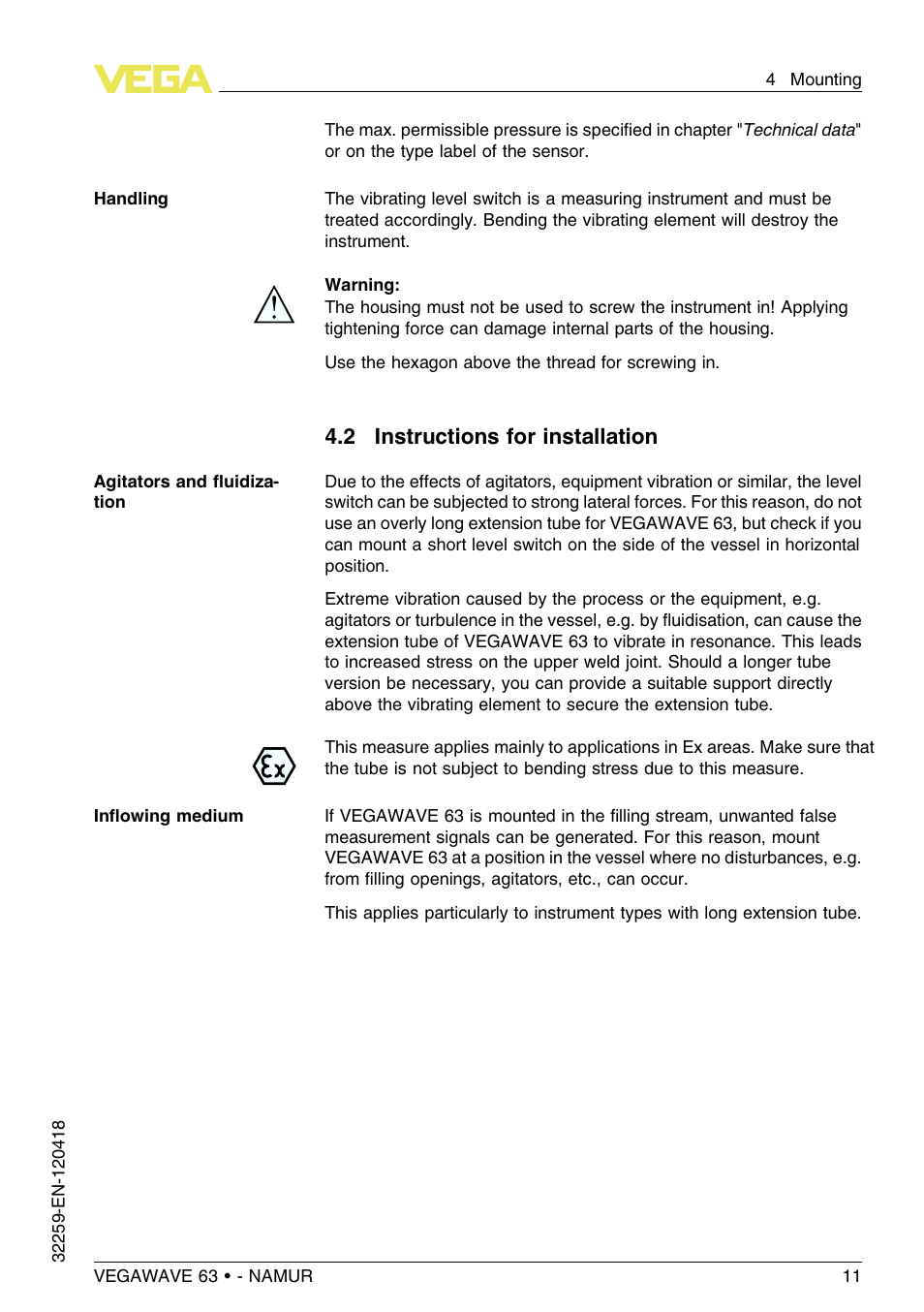 2 instructions for installation | VEGA VEGAWAVE 63 - NAMUR User Manual | Page 11 / 40