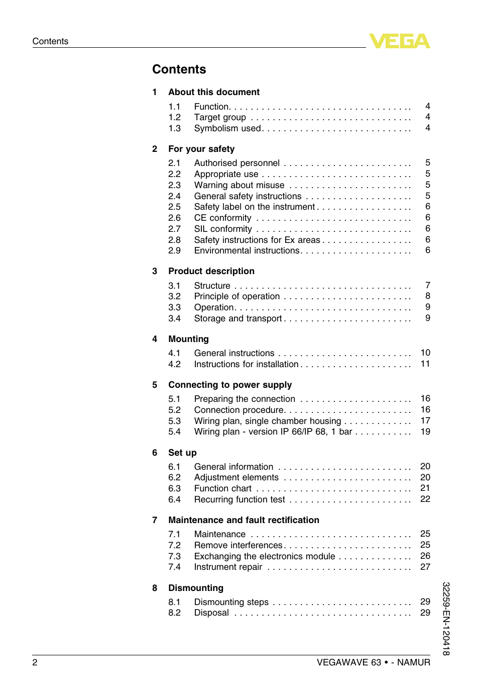 VEGA VEGAWAVE 63 - NAMUR User Manual | Page 2 / 40