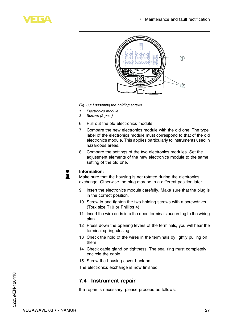 4 instrument repair | VEGA VEGAWAVE 63 - NAMUR User Manual | Page 27 / 40