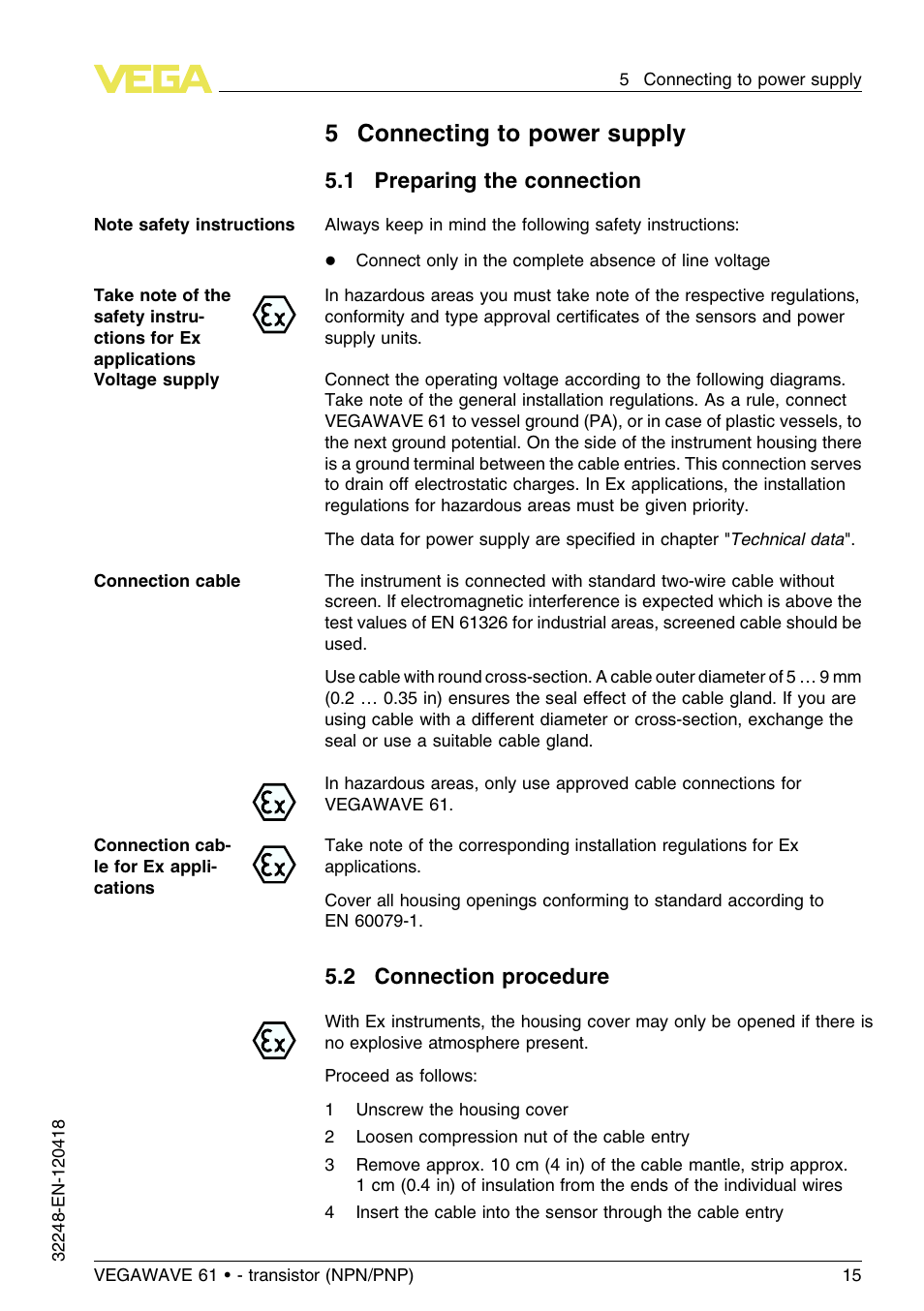 5 connecting to power supply, 1 preparing the connection, 2 connection procedure | 5connecting to power supply | VEGA VEGAWAVE 61 - transistor (NPN-PNP) User Manual | Page 15 / 36