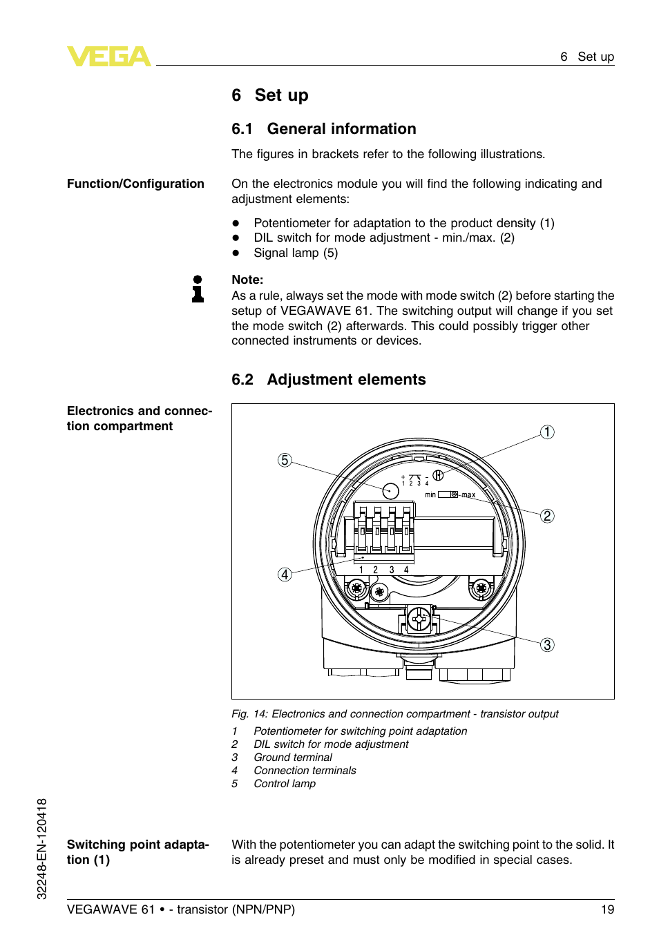 6 set up, 1 general information, 2 adjustment elements | 6set up | VEGA VEGAWAVE 61 - transistor (NPN-PNP) User Manual | Page 19 / 36