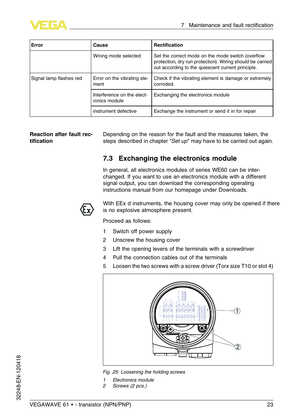 3 exchanging the electronics module | VEGA VEGAWAVE 61 - transistor (NPN-PNP) User Manual | Page 23 / 36