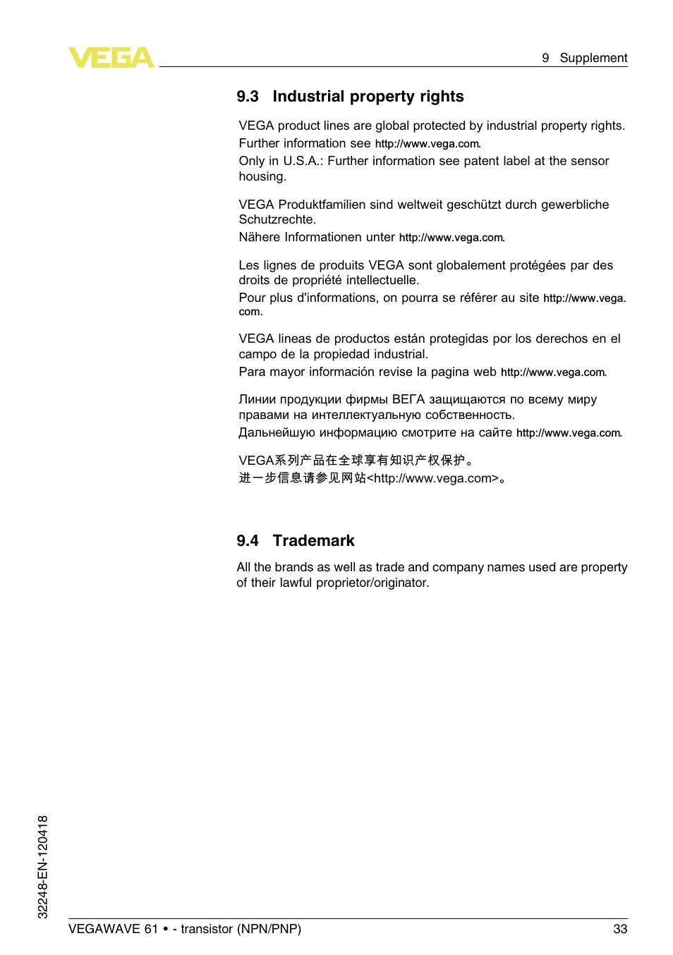 3 industrial property rights, 4 trademark | VEGA VEGAWAVE 61 - transistor (NPN-PNP) User Manual | Page 33 / 36