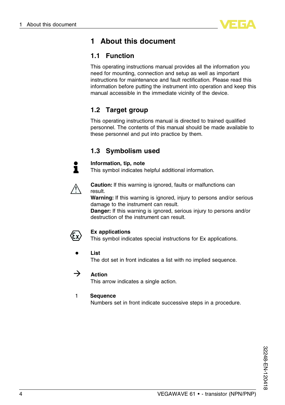 1 about this document, 1 function, 2 target group | 3 symbolism used, 1about this document | VEGA VEGAWAVE 61 - transistor (NPN-PNP) User Manual | Page 4 / 36