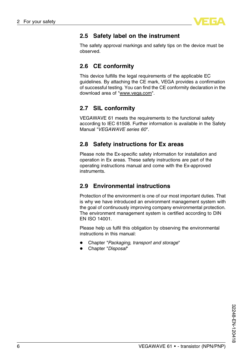 5 safety label on the instrument, 6 ce conformity, 7 sil conformity | 8 safety instructions for ex areas, 9 environmental instructions | VEGA VEGAWAVE 61 - transistor (NPN-PNP) User Manual | Page 6 / 36