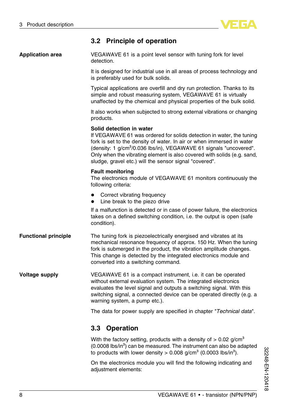 2 principle of operation, 3 operation | VEGA VEGAWAVE 61 - transistor (NPN-PNP) User Manual | Page 8 / 36