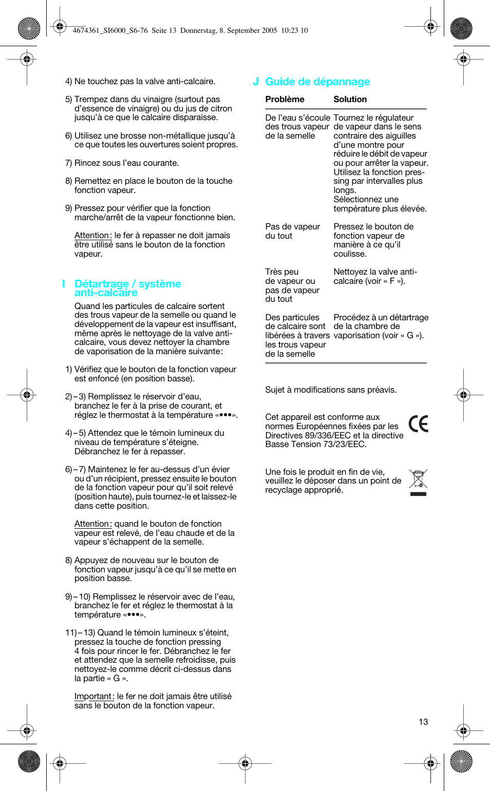 I détartrage / système anti-calcaire, J guide de dépannage | Braun SI 6265 FREESTYLE User Manual | Page 13 / 73