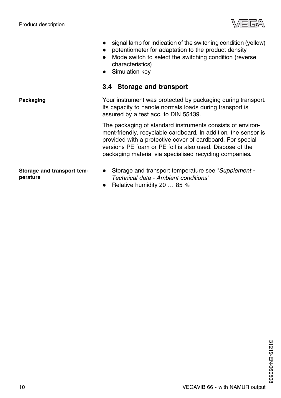 4 storage and transport | VEGA VEGAVIB 66 - NAMUR User Manual | Page 10 / 40