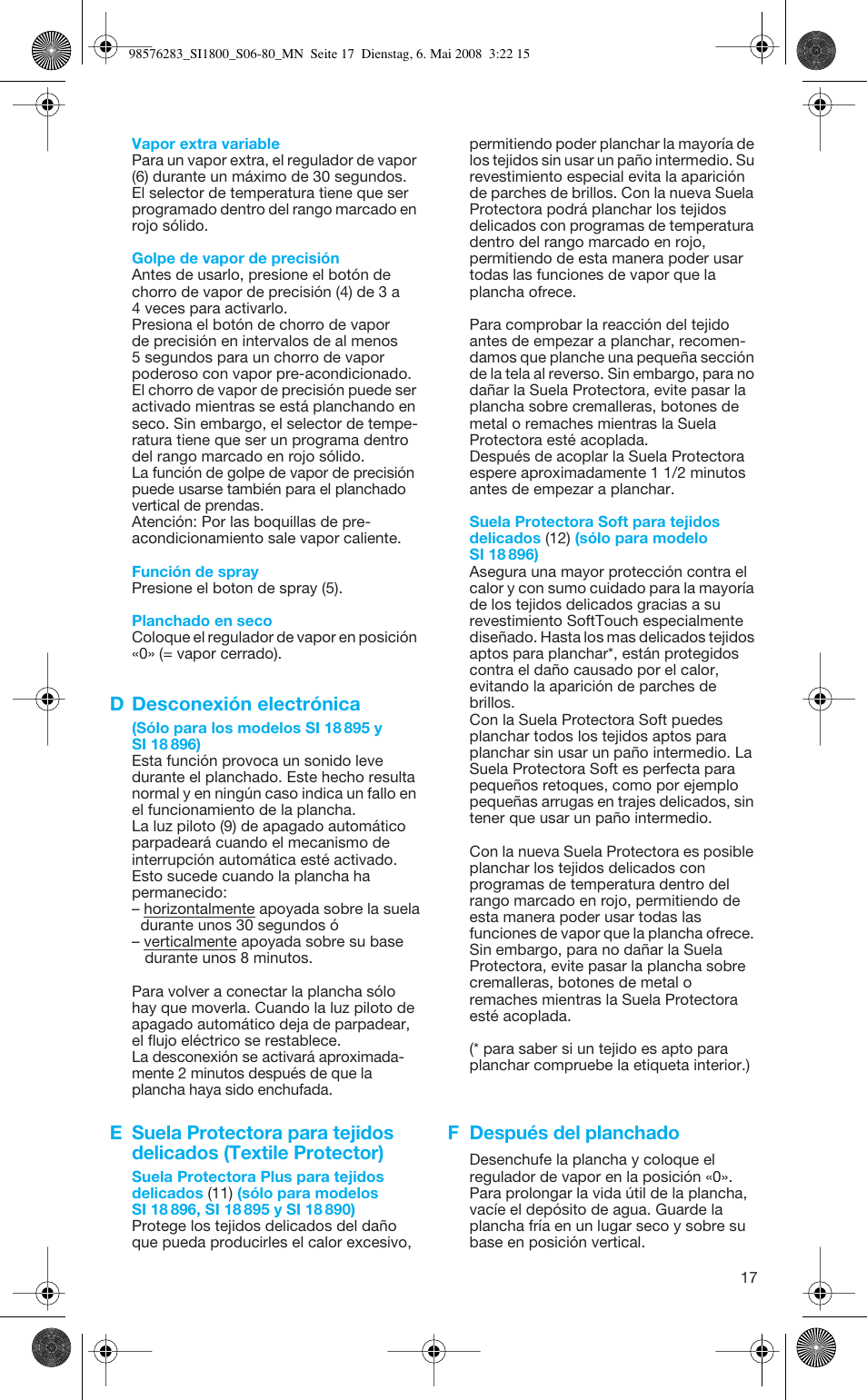 D desconexión electrónica, F después del planchado | Braun SI 770 18895 TEXSTYLE CONTROL User Manual | Page 17 / 77