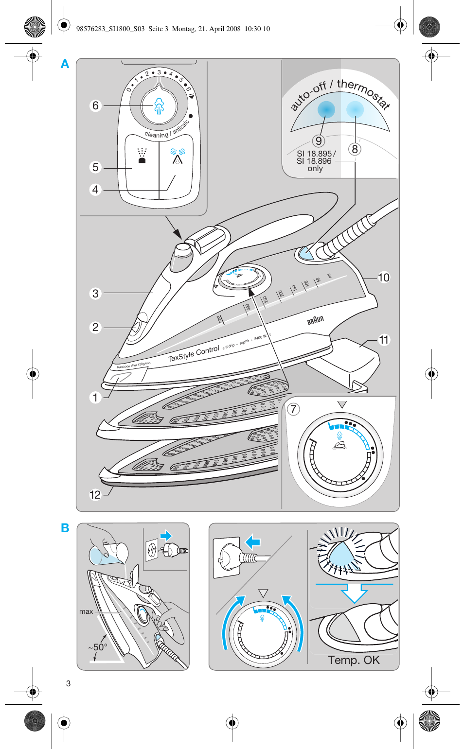 79 8 au to -of f / thermo sta t 9 au to -of f / t, Temp. ok | Braun SI 770 18895 TEXSTYLE CONTROL User Manual | Page 3 / 77