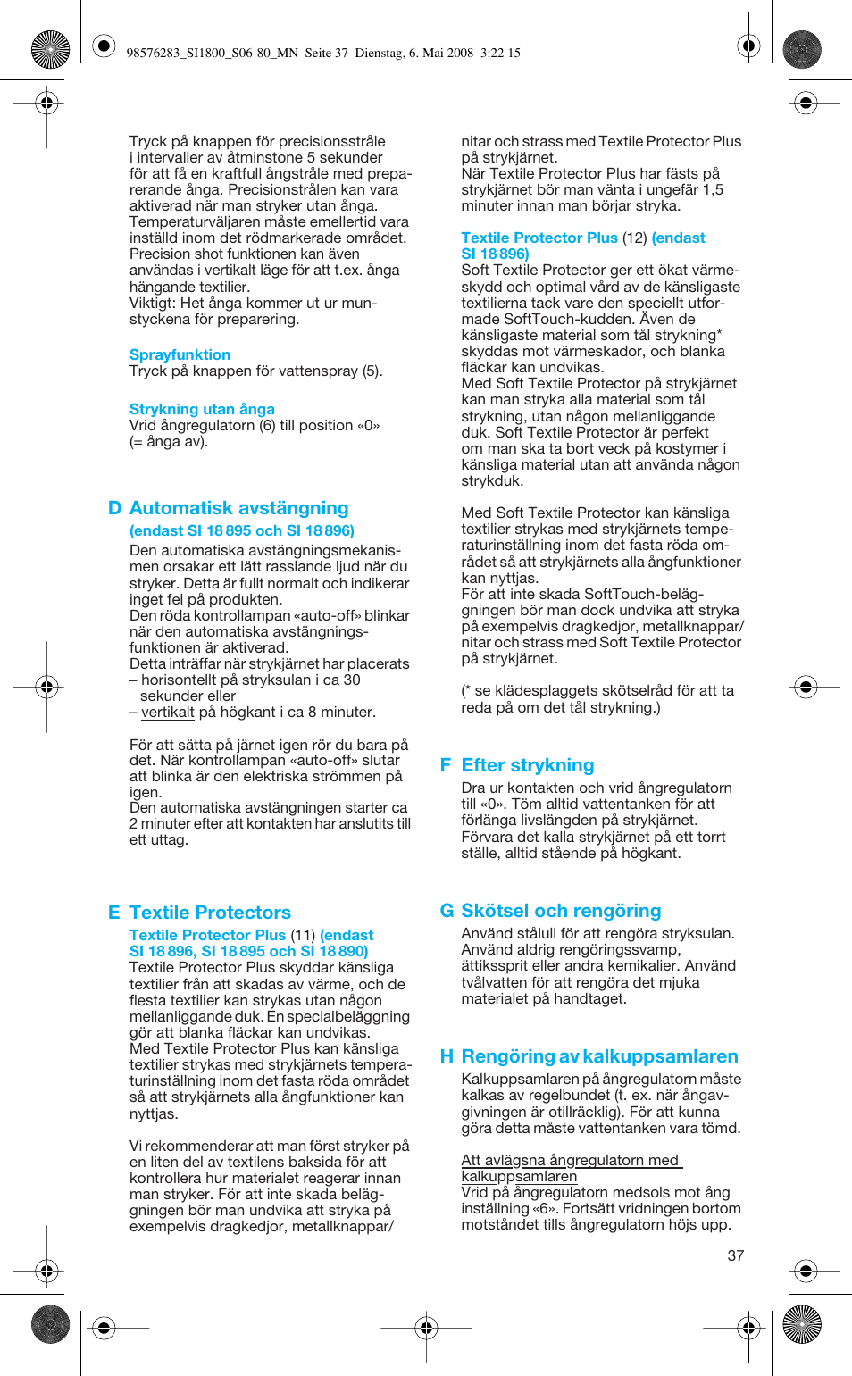 D automatisk avstängning, E textile protectors, F efter strykning | G skötsel och rengöring, H rengöring av kalkuppsamlaren | Braun SI 770 18895 TEXSTYLE CONTROL User Manual | Page 37 / 77