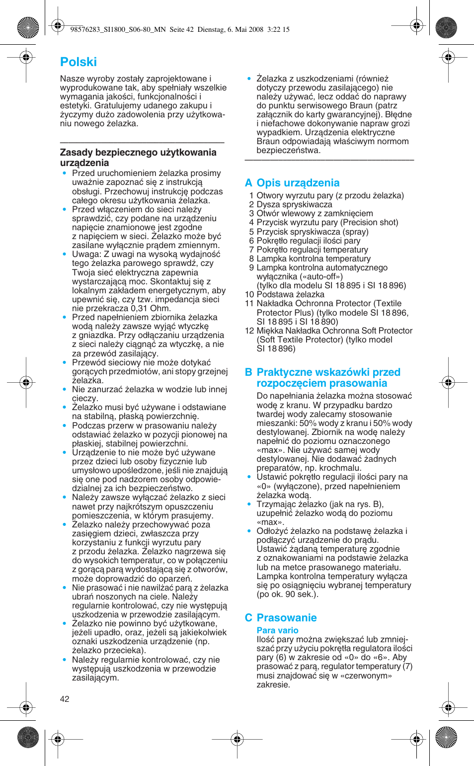 Polski, A opis urzàdzenia, C prasowanie | Braun SI 770 18895 TEXSTYLE CONTROL User Manual | Page 42 / 77