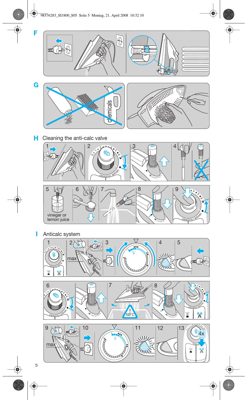 Chemicals, Vinegar or lemon juice | Braun SI 770 18895 TEXSTYLE CONTROL User Manual | Page 5 / 77