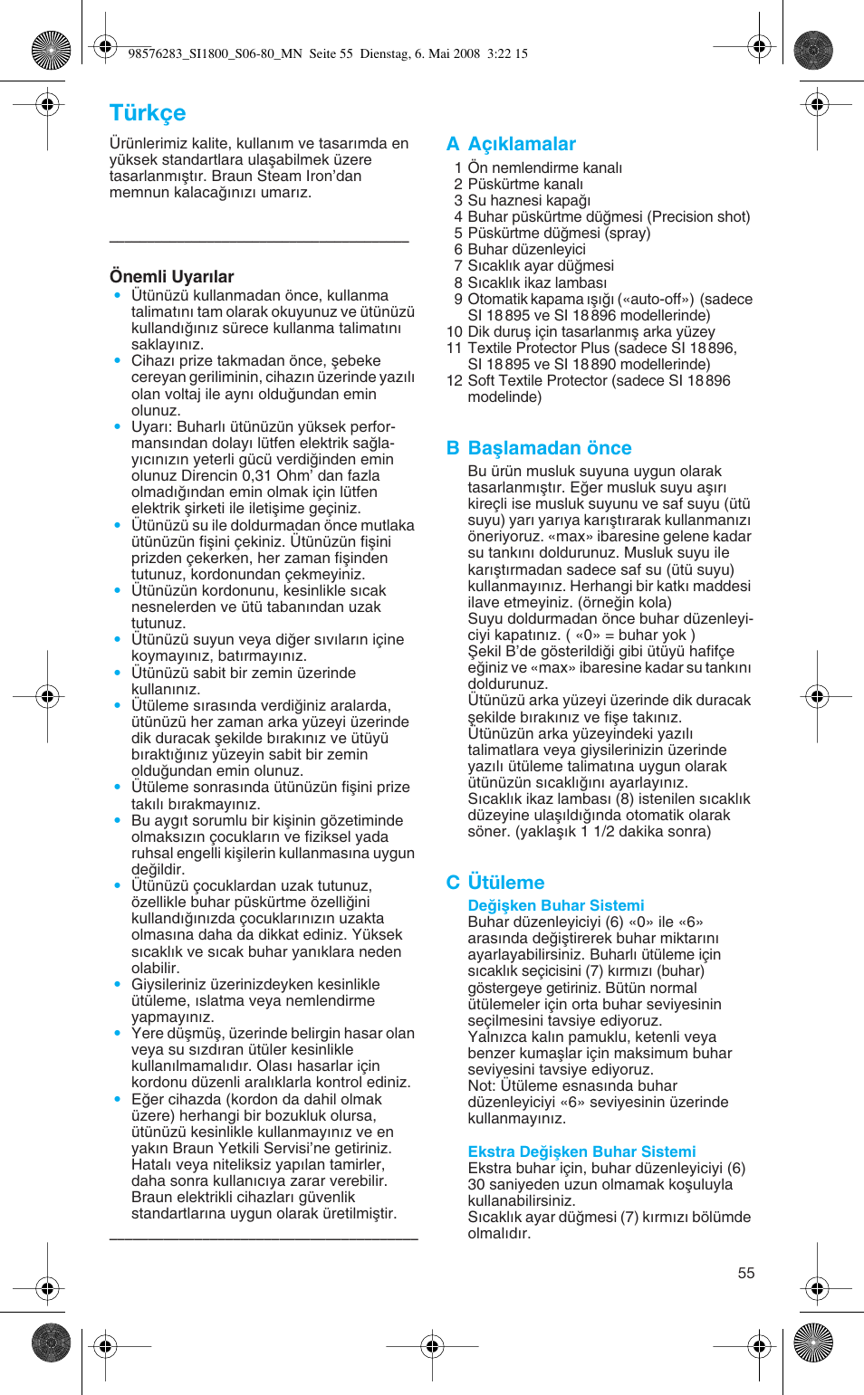 Türkçe, A açıklamalar, B baµlamadan önce | C ütüleme | Braun SI 770 18895 TEXSTYLE CONTROL User Manual | Page 55 / 77