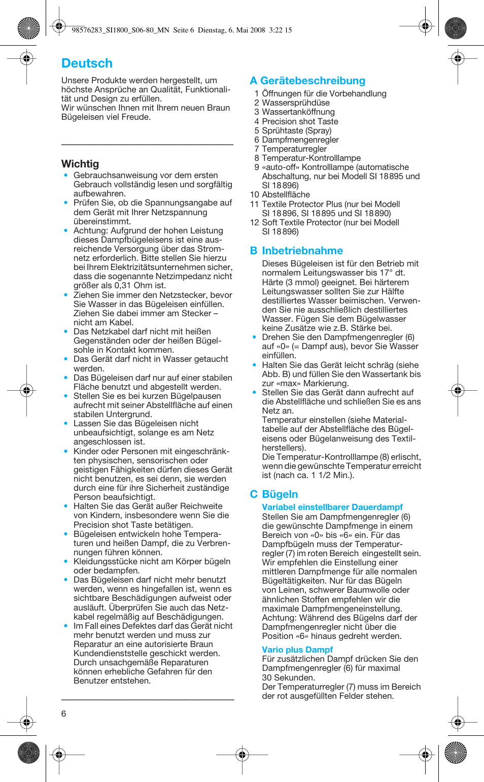 Deutsch | Braun SI 770 18895 TEXSTYLE CONTROL User Manual | Page 6 / 77