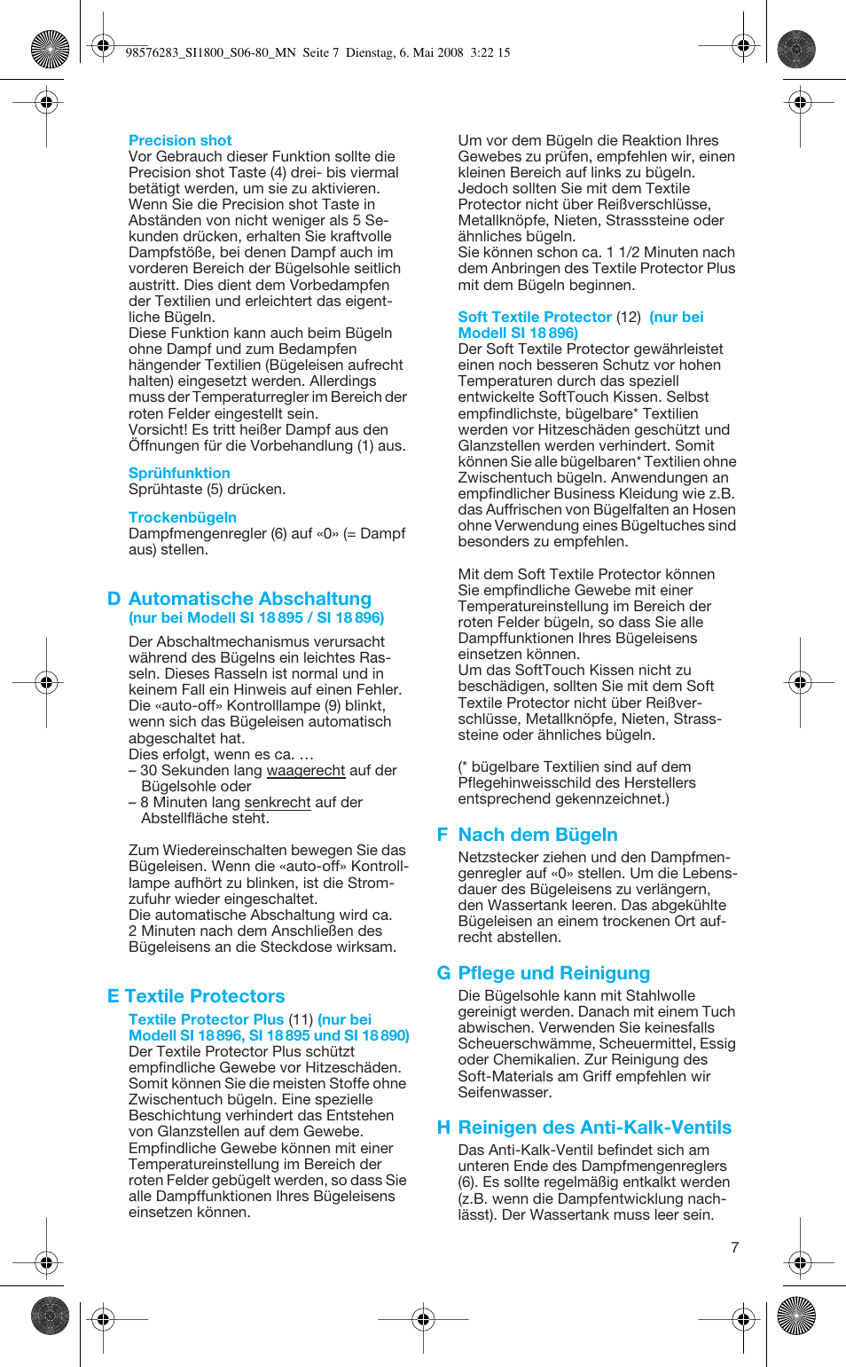 D automatische abschaltung, E textile protectors, F nach dem bügeln | G pflege und reinigung, H reinigen des anti-kalk-ventils | Braun SI 770 18895 TEXSTYLE CONTROL User Manual | Page 7 / 77