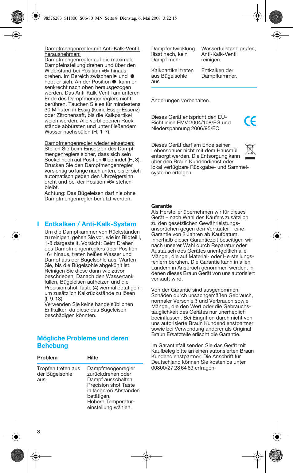 I entkalken / anti-kalk-system, Mögliche probleme und deren behebung | Braun SI 770 18895 TEXSTYLE CONTROL User Manual | Page 8 / 77