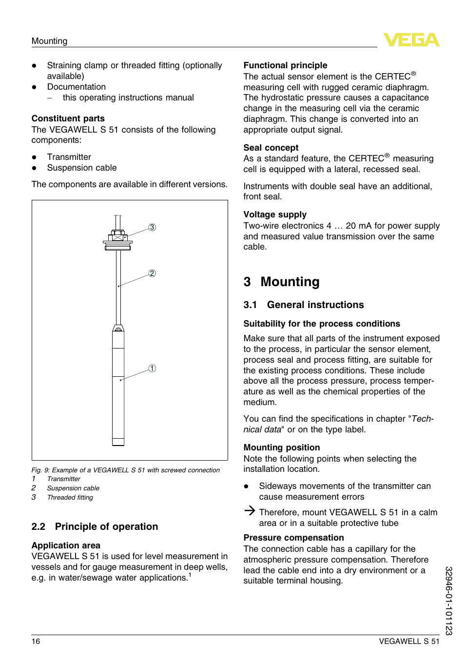 2 principle of operation, 3 mounting, 1 general instructions | 3 m ounting | VEGA VEGAWELL S 51 User Manual | Page 16 / 52